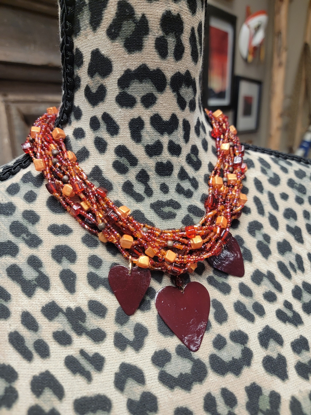 Bohemian Vibe Multi-Strand Beaded Necklace with Heart Pendants Handmade